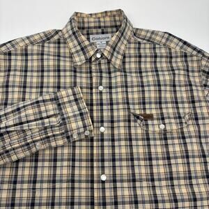 Carhartt Mens Medium Beige Blue Plaid Long Sleeve Pearl Snap‎ Button Up Shirt
